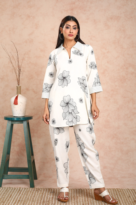 Linen Black on white Printed Co-ord Set