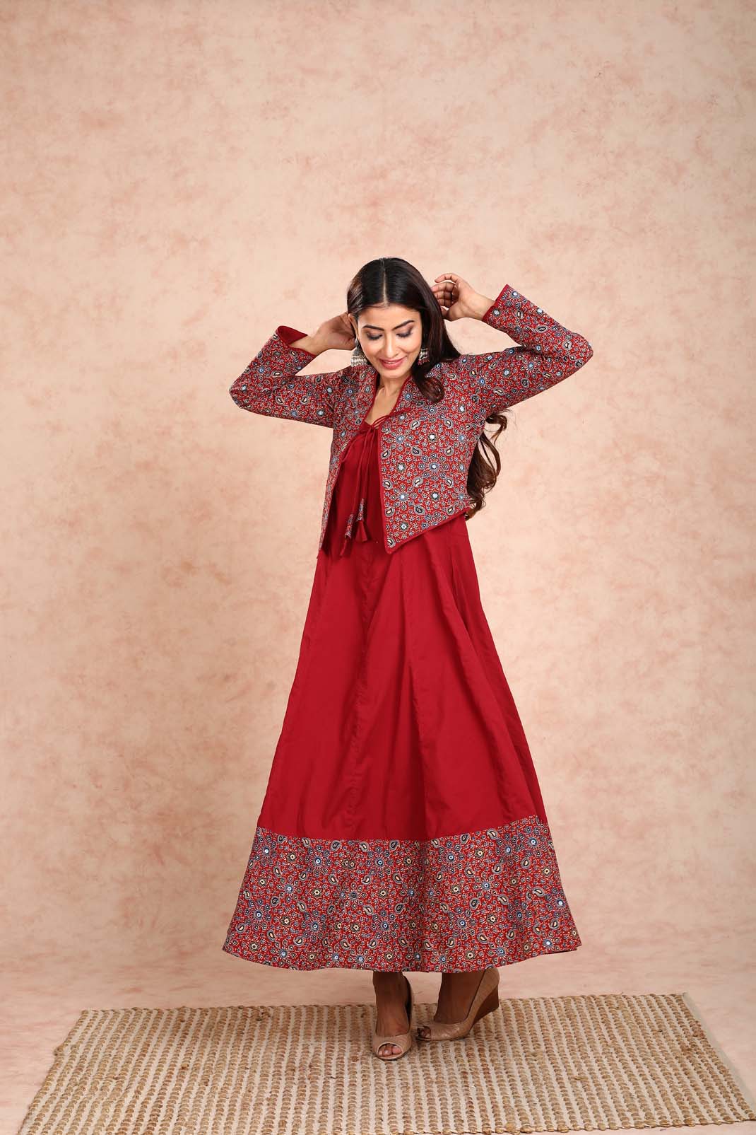 Mahroon Dress With Mirror Work Jacket