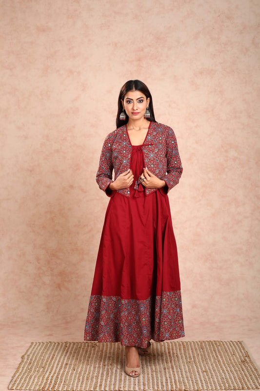 Mahroon Dress With Mirror Work Jacket
