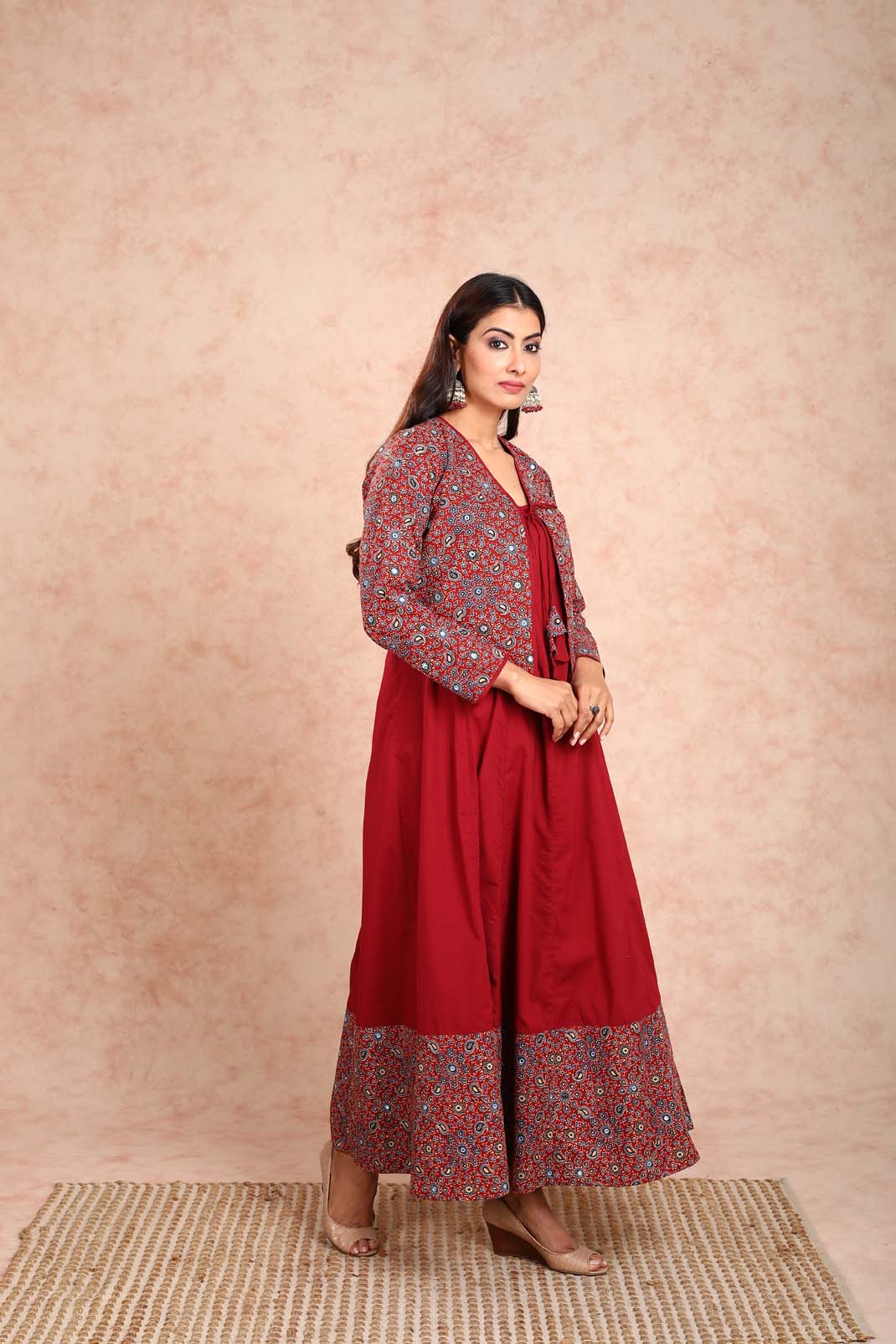 Mahroon Dress With Mirror Work Jacket