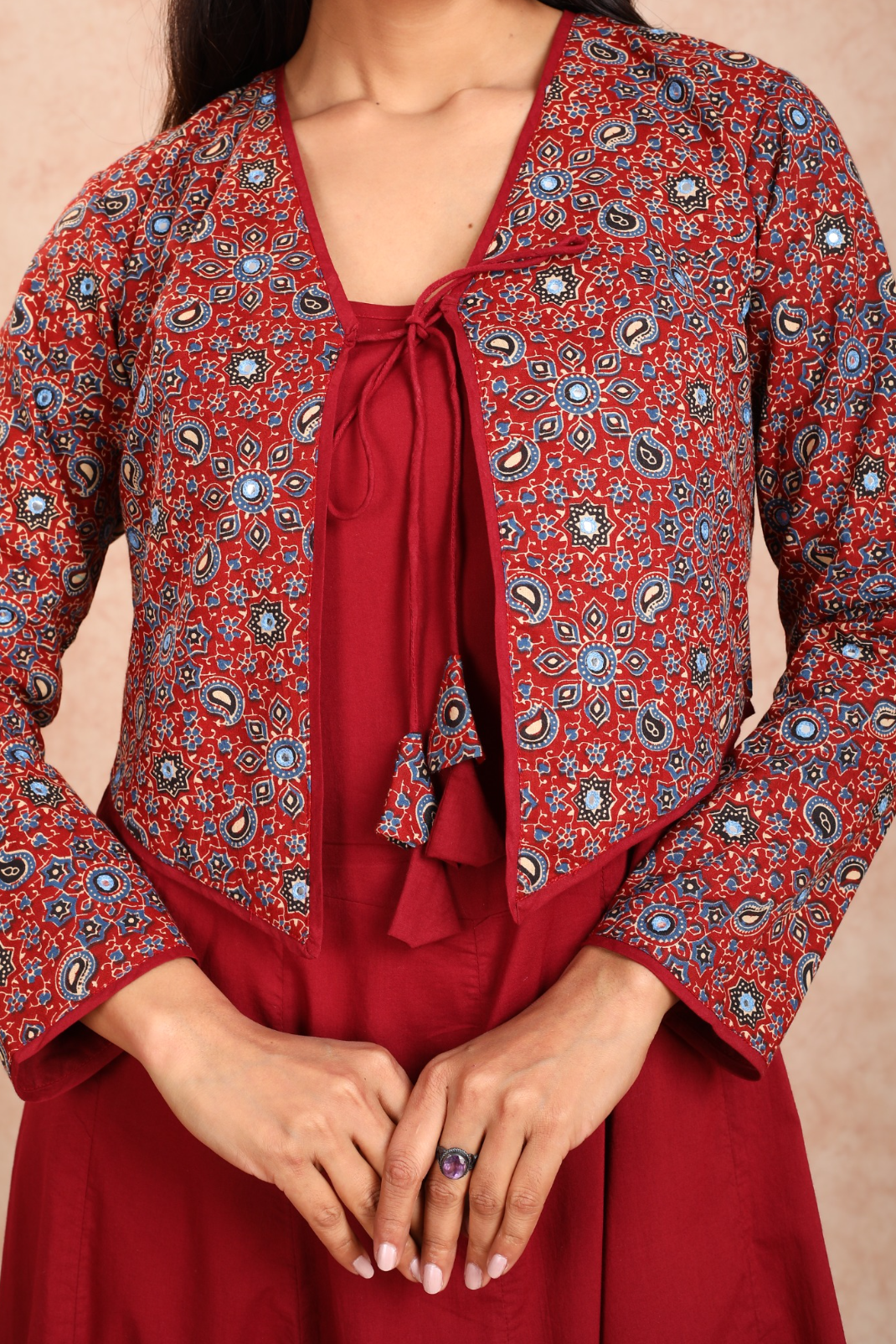 Mahroon Dress With Mirror Work Jacket Design