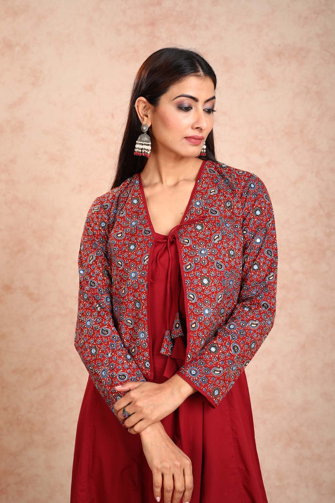 Mahroon Dress With Mirror Work Jacket