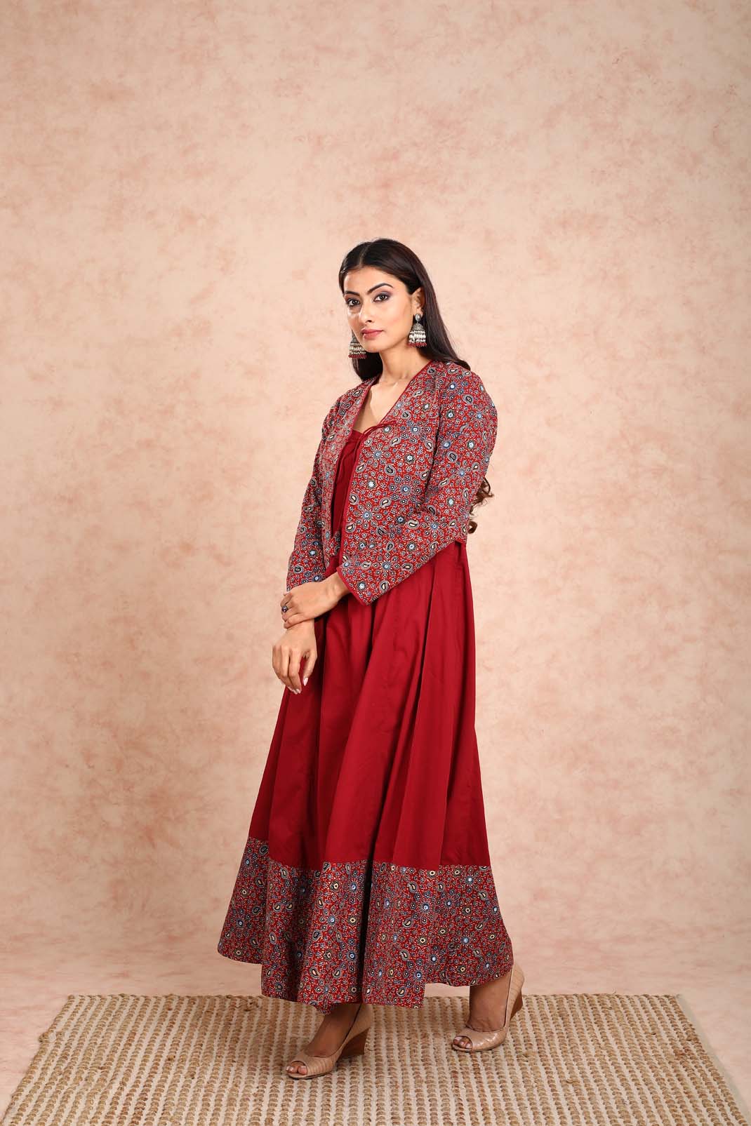 Mahroon Dress With Mirror Work Jacket