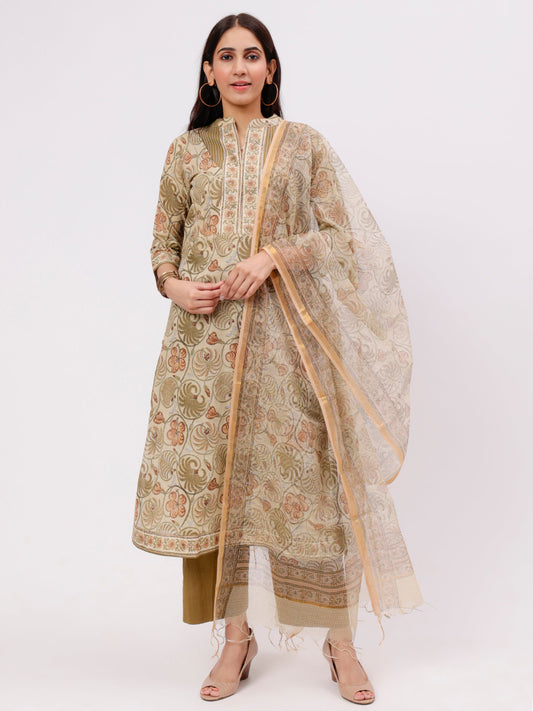 Mehndi Green Printed Mulmul A-Line Kurta UCK22179