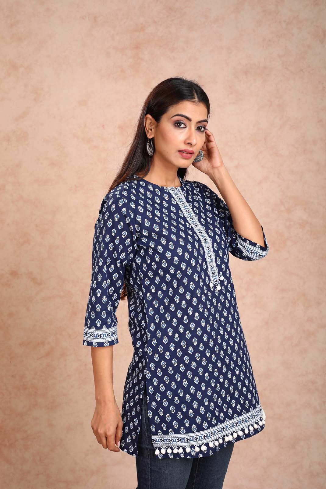 Navy Blue Booti Style Short Kurta