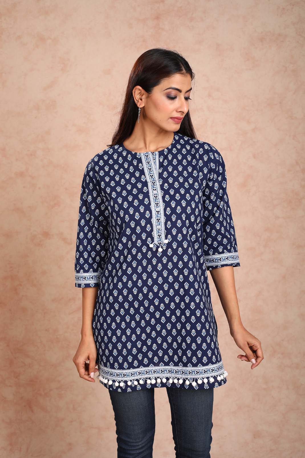 Navy Blue Booti Style Short Kurta