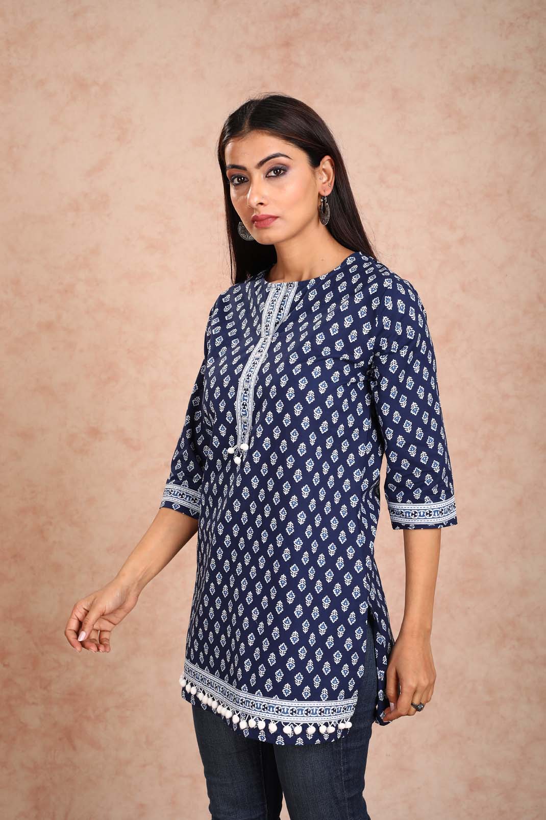 Navy Blue Booti Style Short Kurta