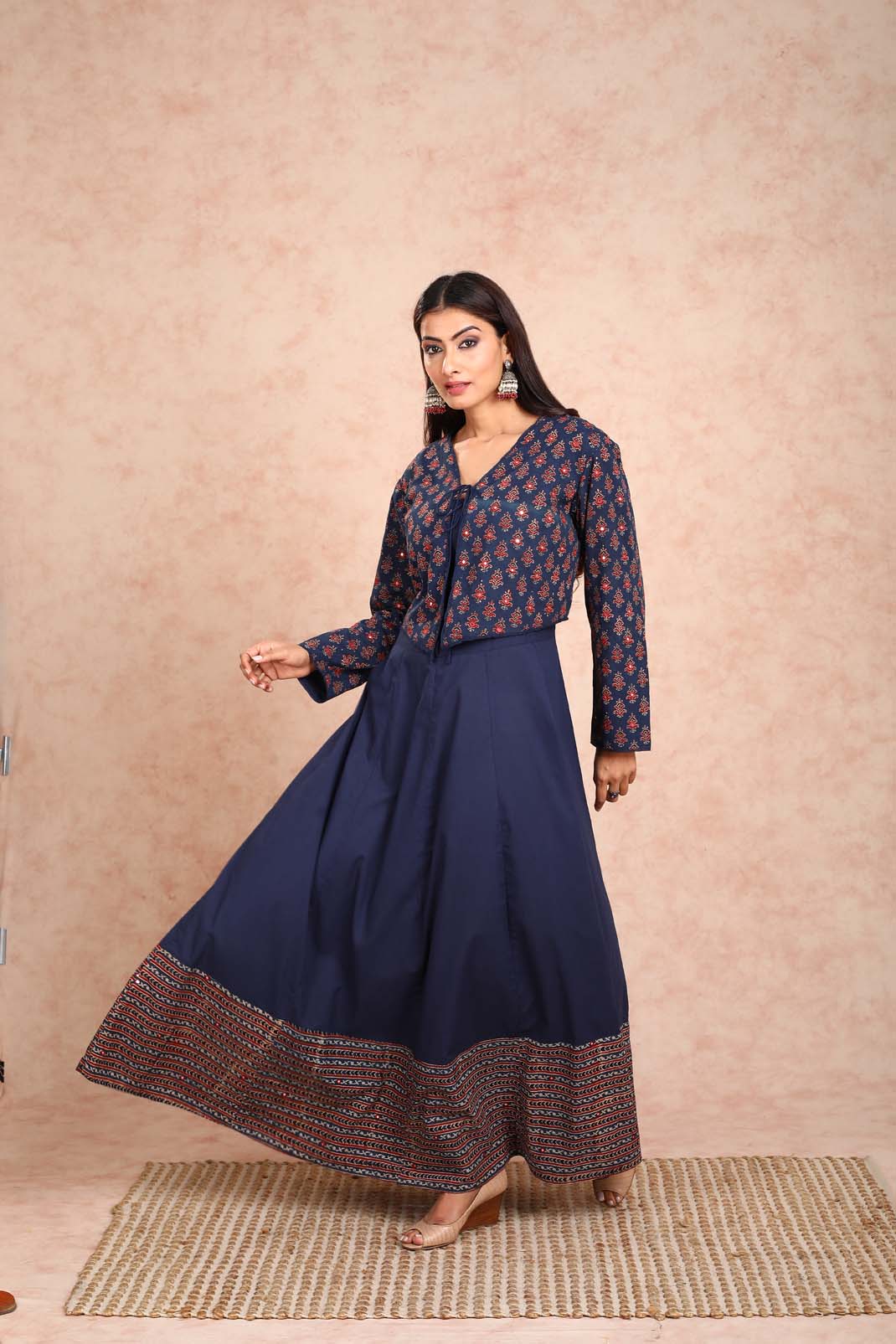Navy Blue Dress With Mirror Work Jacket