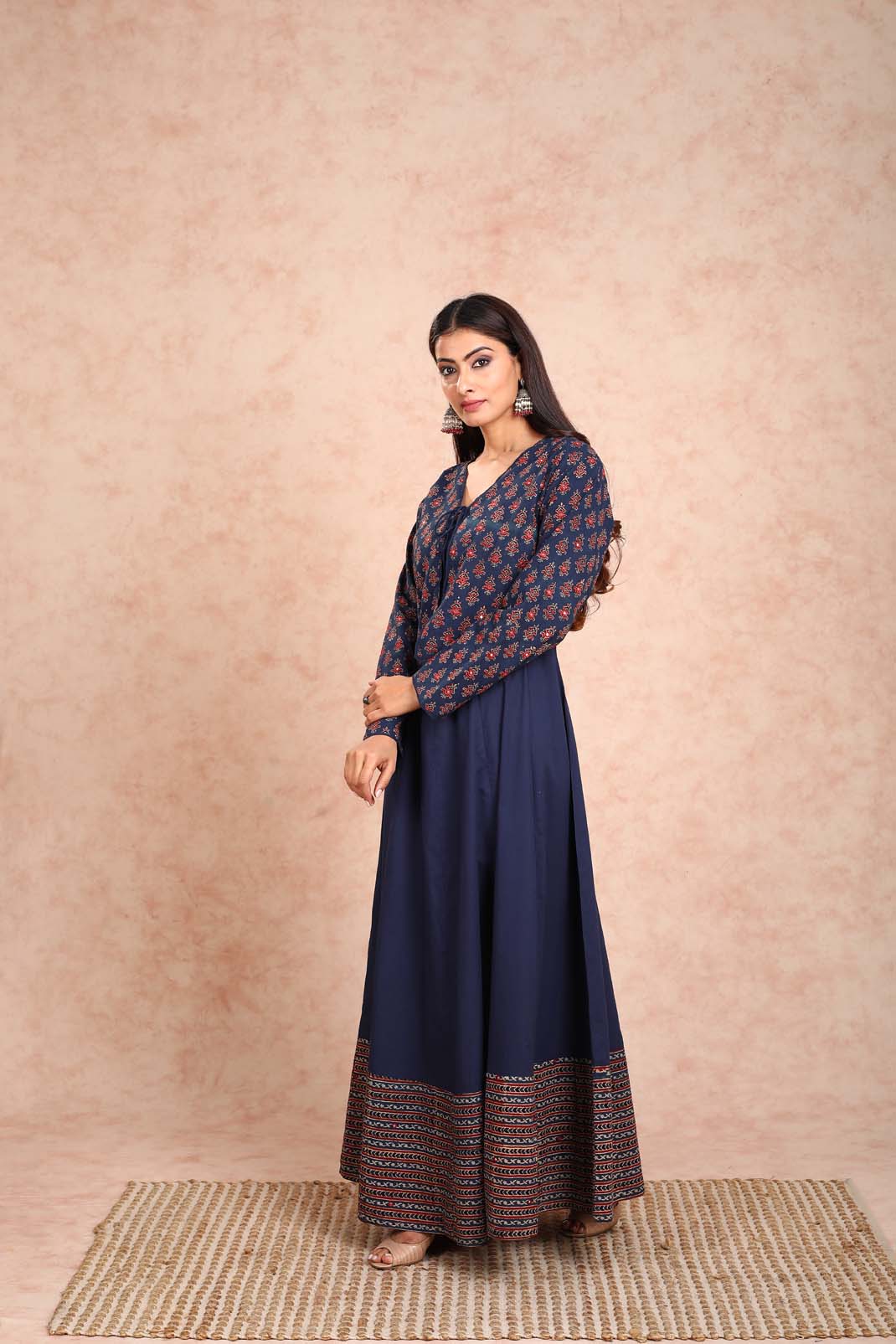Navy Blue Dress With Mirror Work Jacket
