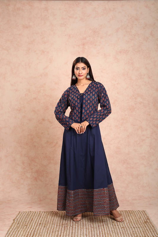 Navy Blue Dress With Mirror Work Jacket