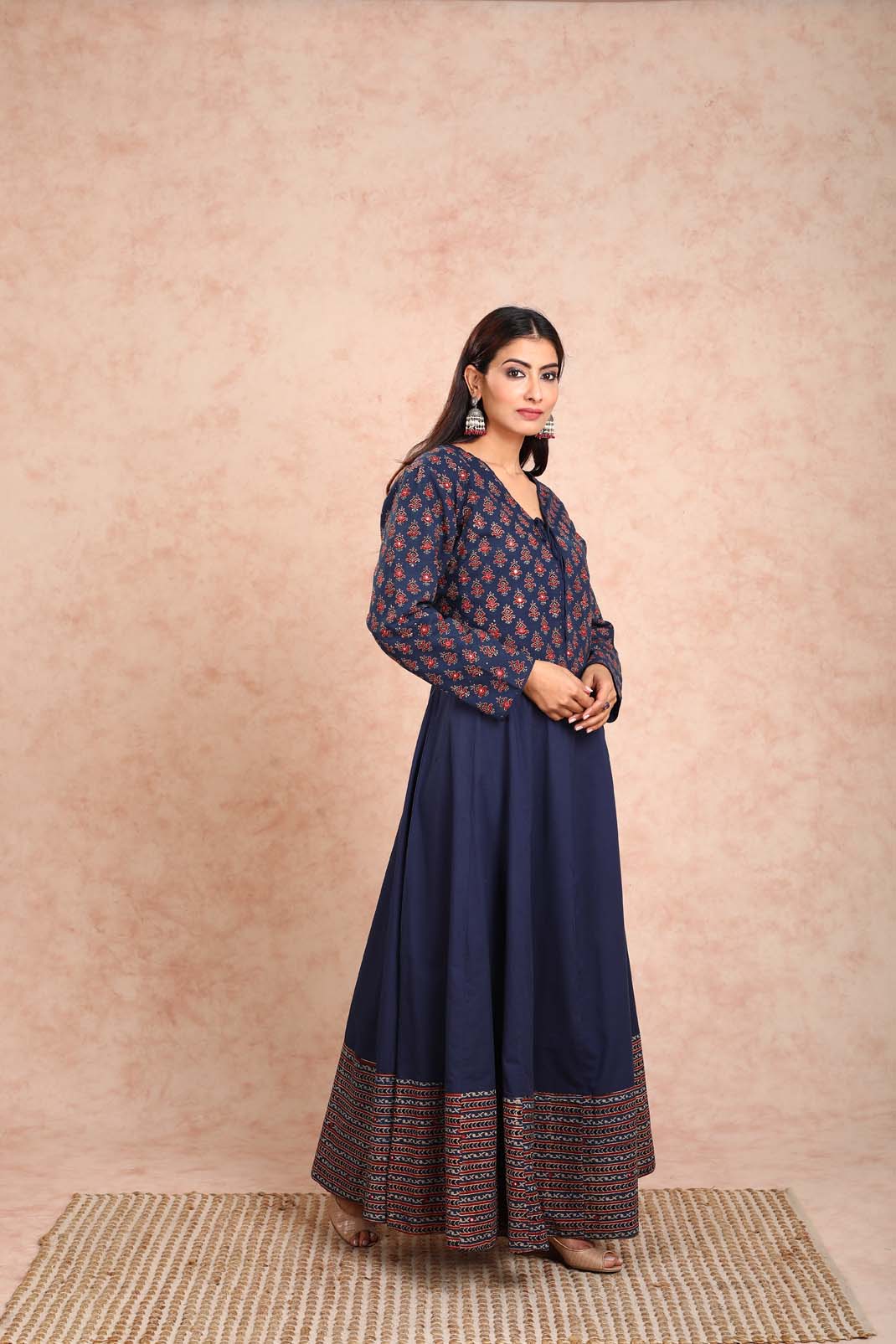 Navy Blue Dress With Mirror Work Jacket