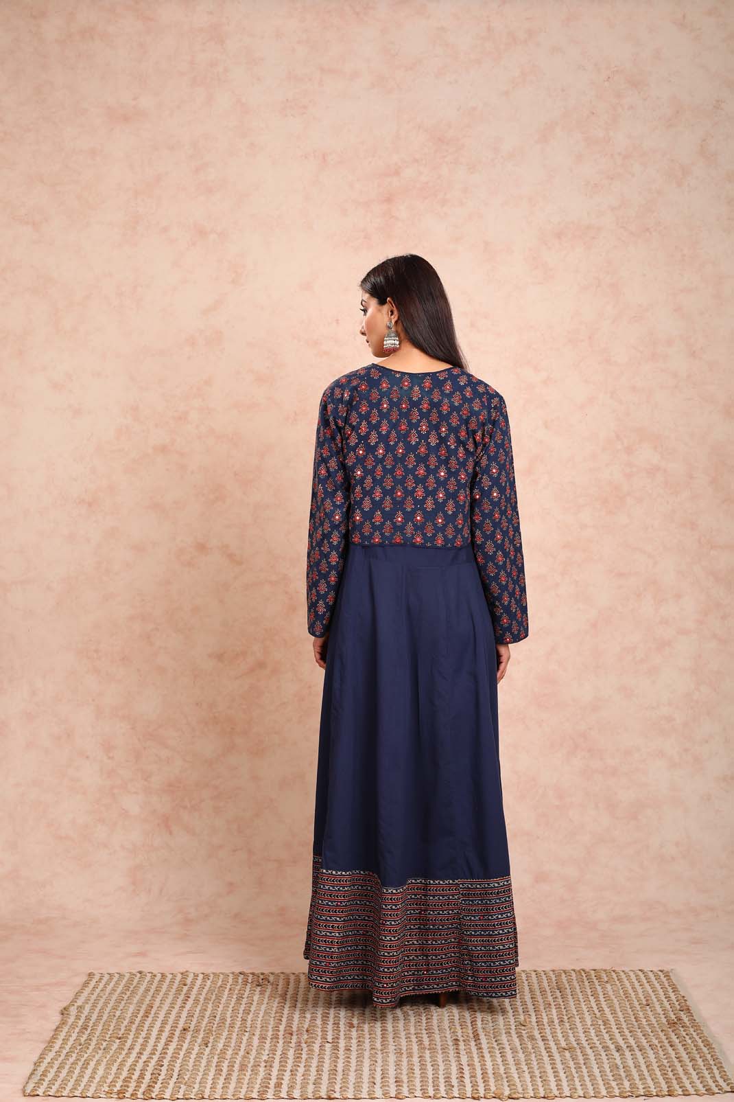 Navy Blue Dress With Mirror Work Jacket