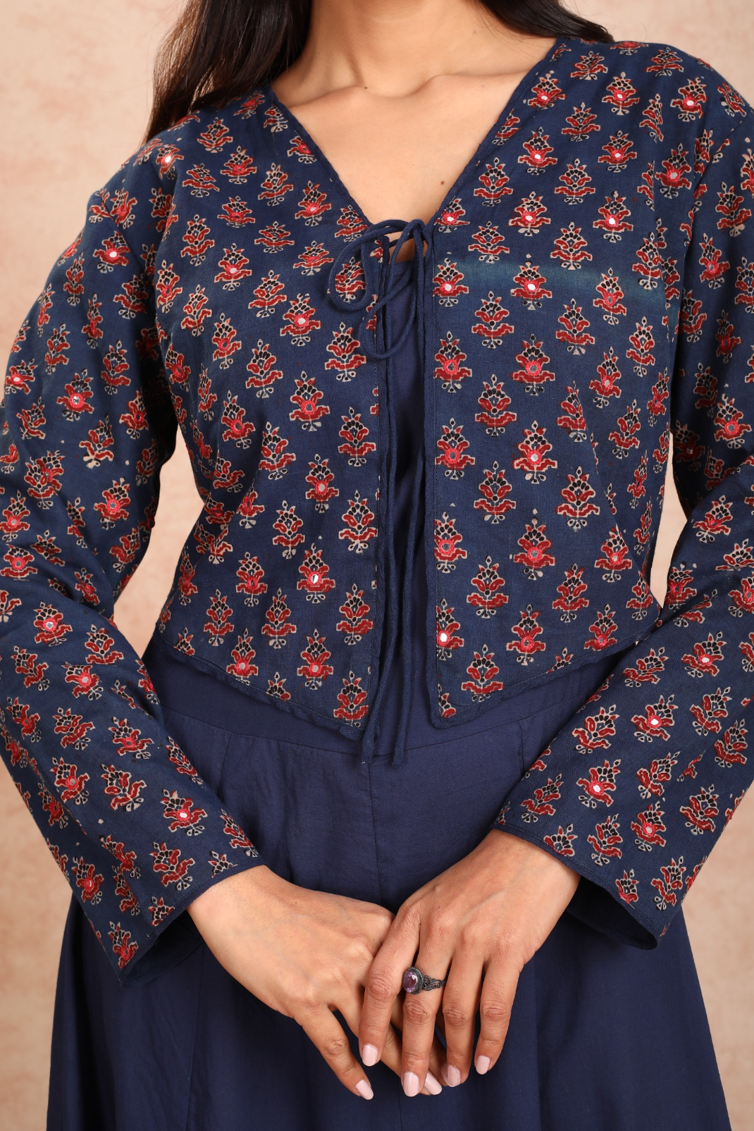 Navy Blue Dress With Mirror Work Jacket Desifn