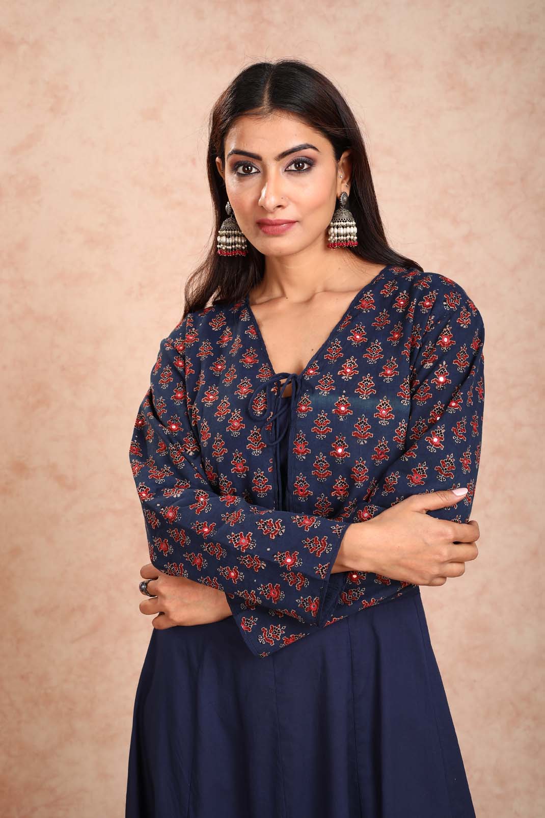 Navy Blue Dress With Mirror Work Jacket