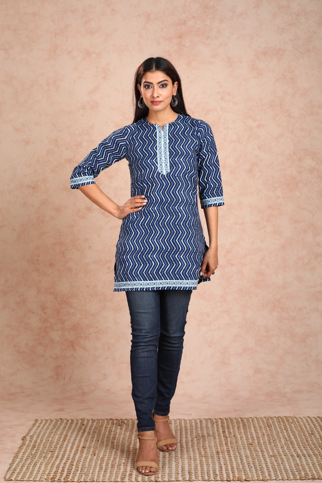 Navy Blue Zig Zag Short Kurta