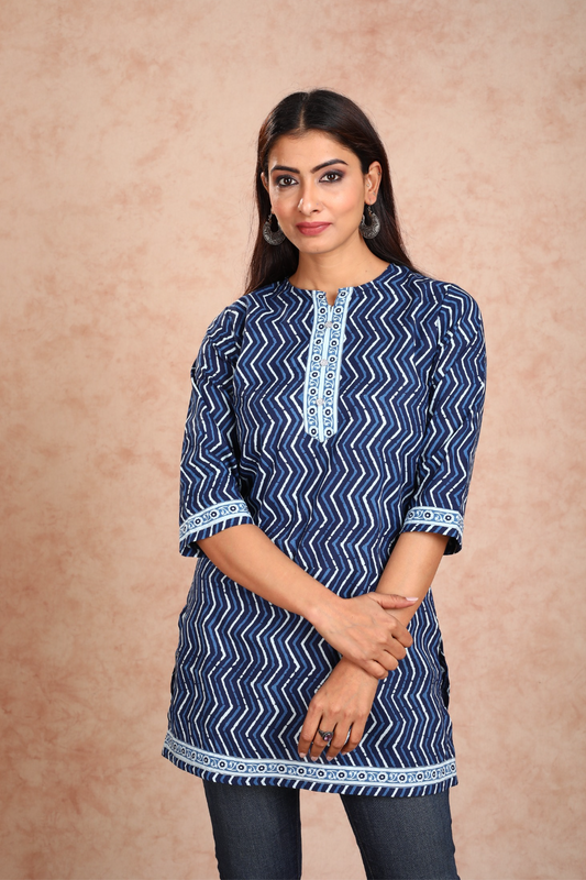 Navy Blue Zig Zag Short Kurta Front