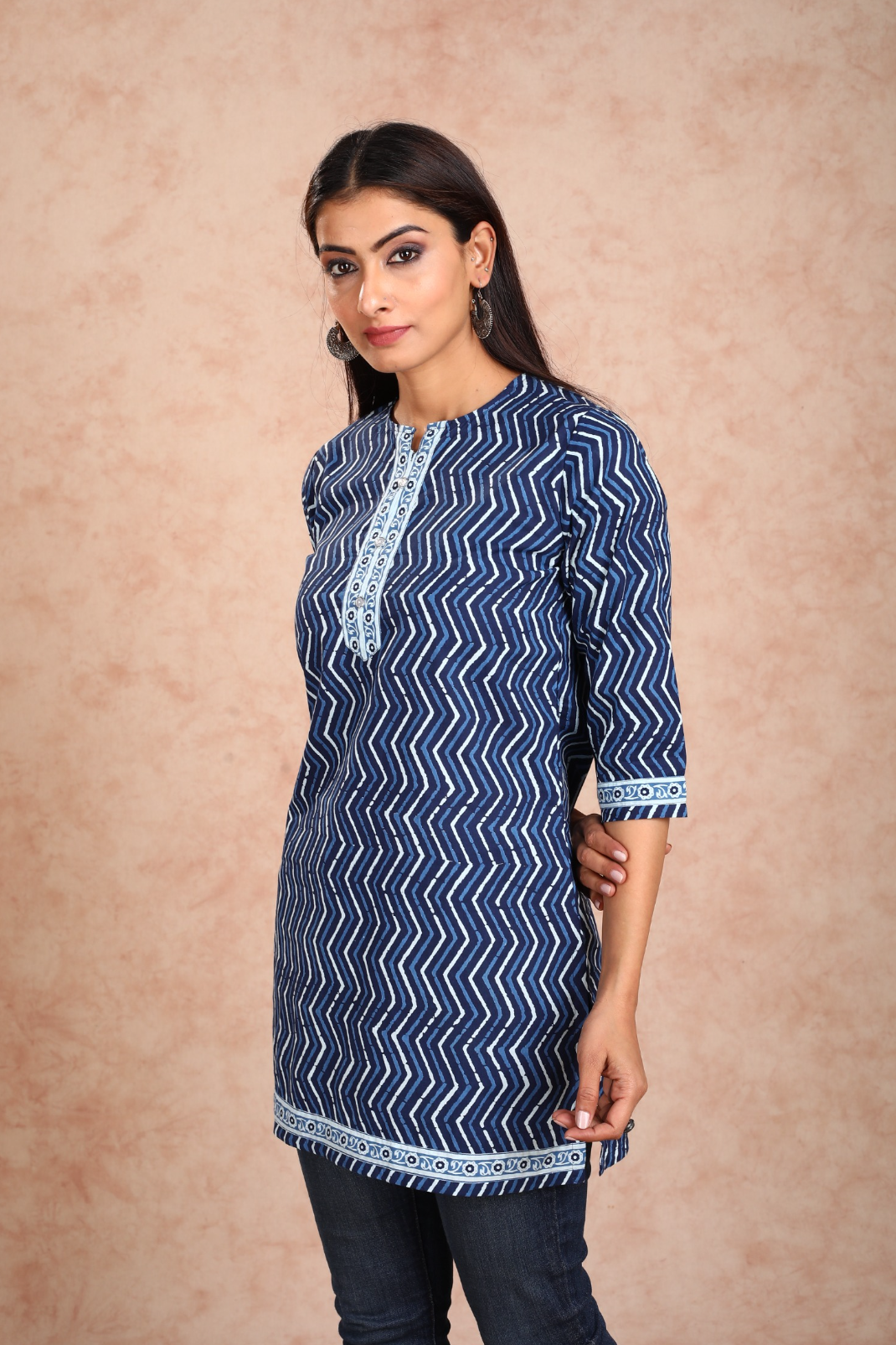 Navy Blue Zig Zag Short Kurta Left