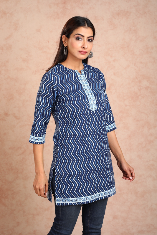 Navy Blue Zig Zag Short Kurta