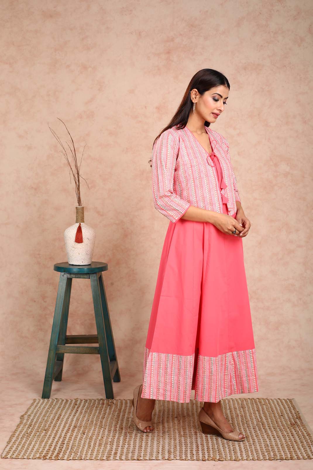 Peach Solid Dress With Peach Printed Bulero Jacket