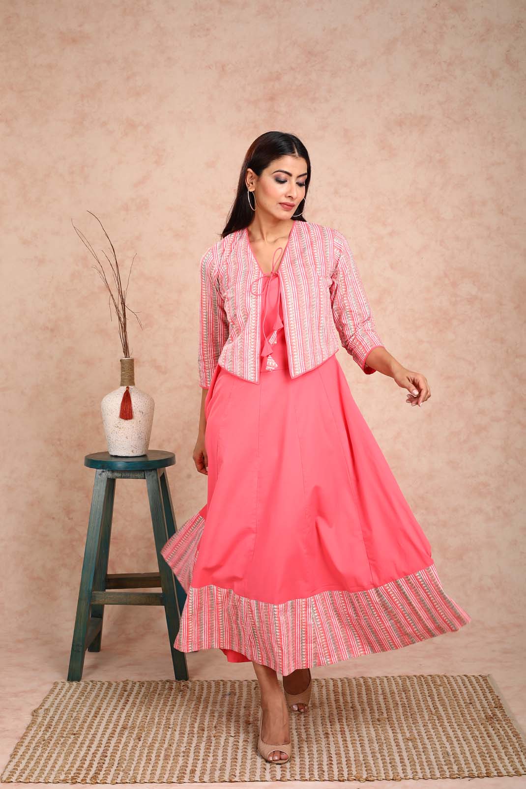 Peach Solid Dress With Peach Printed Bulero Jacket