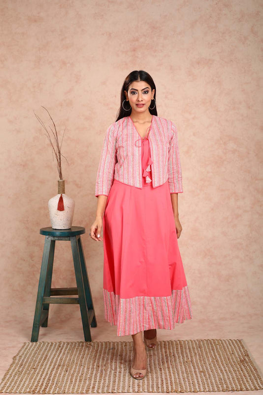 Peach Solid Dress With Peach Printed Bulero Jacket