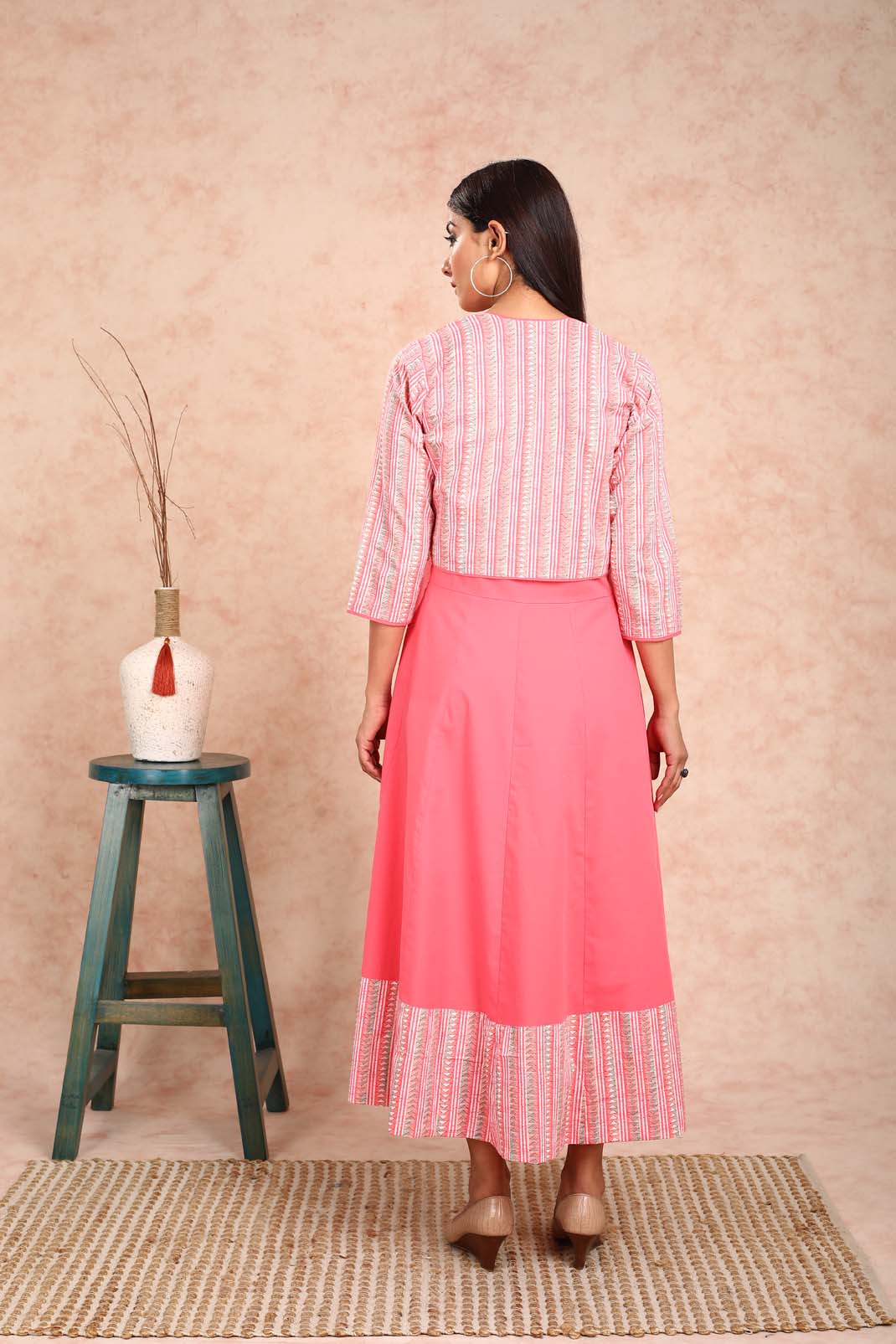 Peach Solid Dress With Peach Printed Bulero Jacket