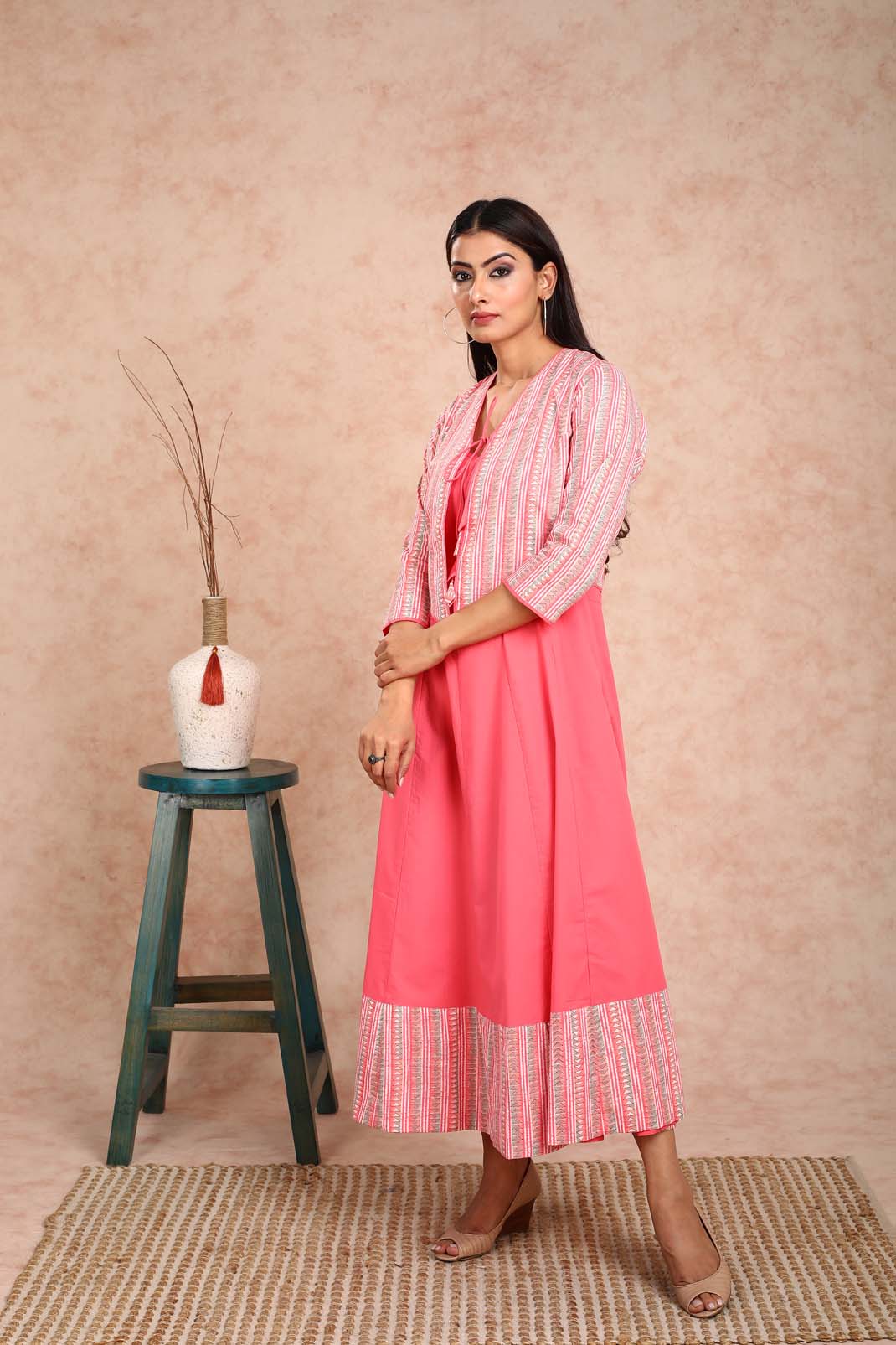 Peach Solid Dress With Peach Printed Bulero Jacket