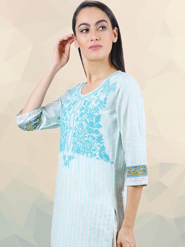 Sky Blue Candy Striped Party Wear Ladies Kurti UCK22014