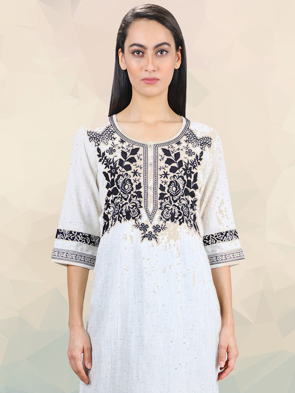 Handloom Fabric Classic Black and White Embroidered Kurti UCK22021