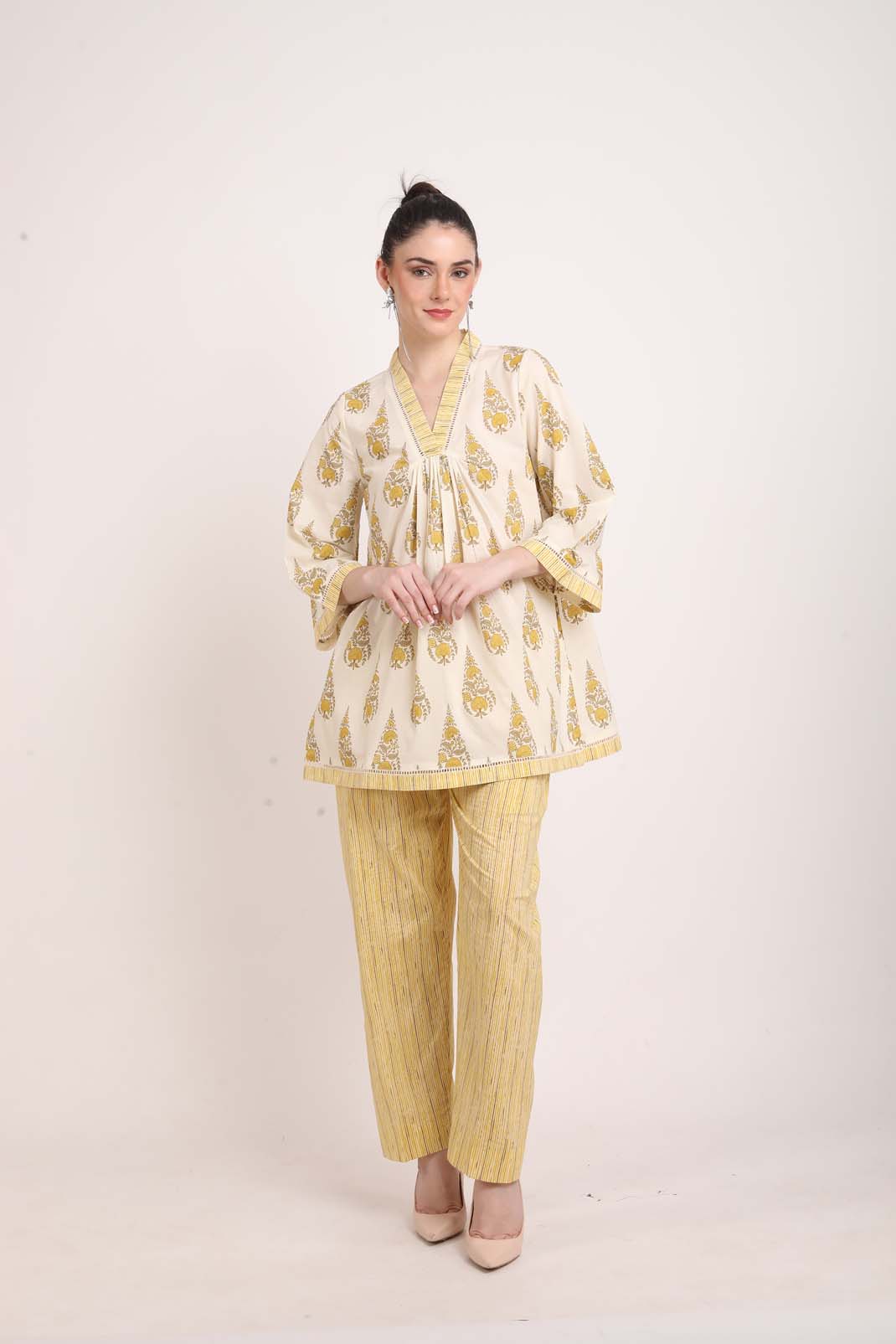 Lemon Yellow V-Neck Flared Co-ord Set UCEN22166