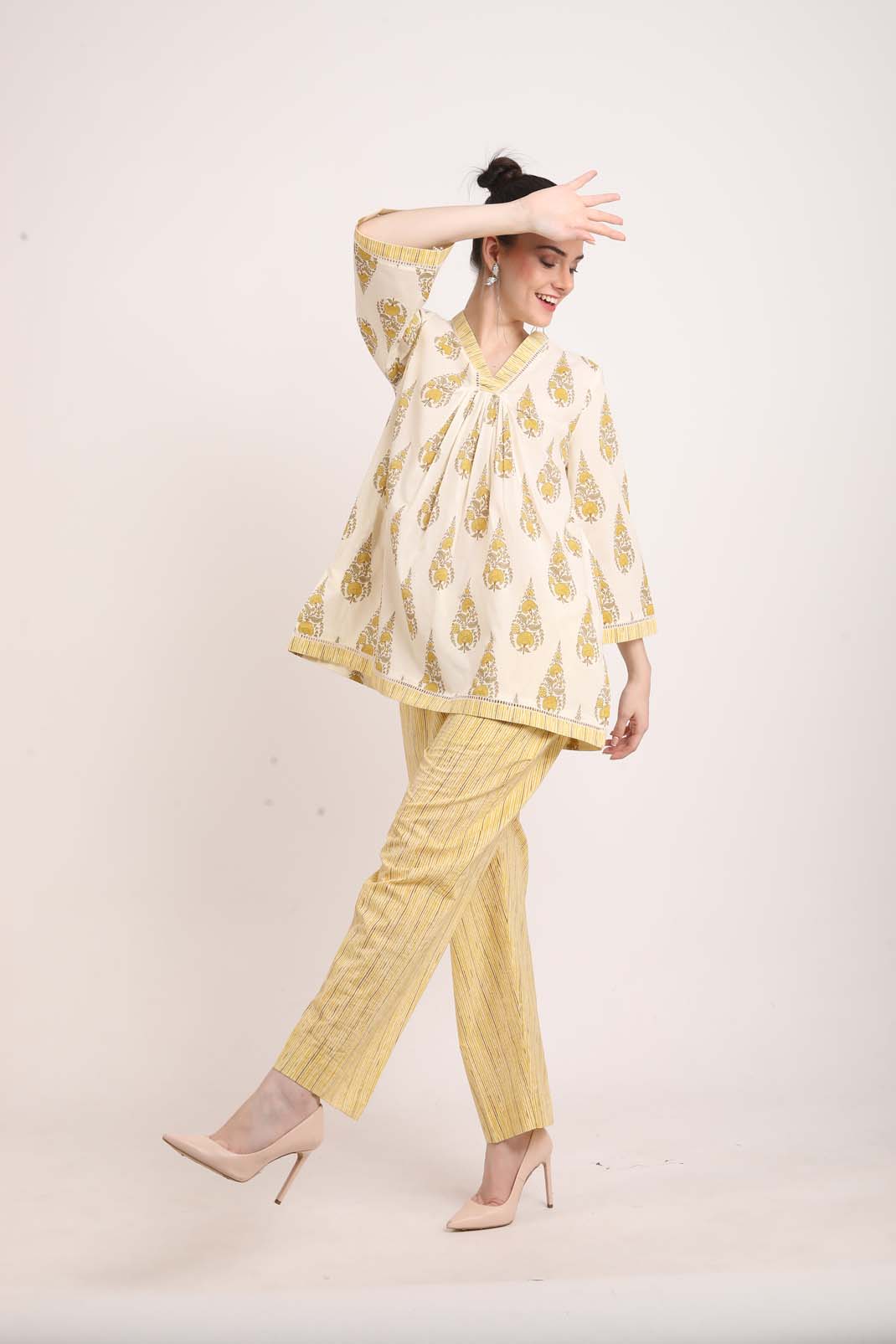 Lemon Yellow V-Neck Flared Co-ord Set UCEN22166