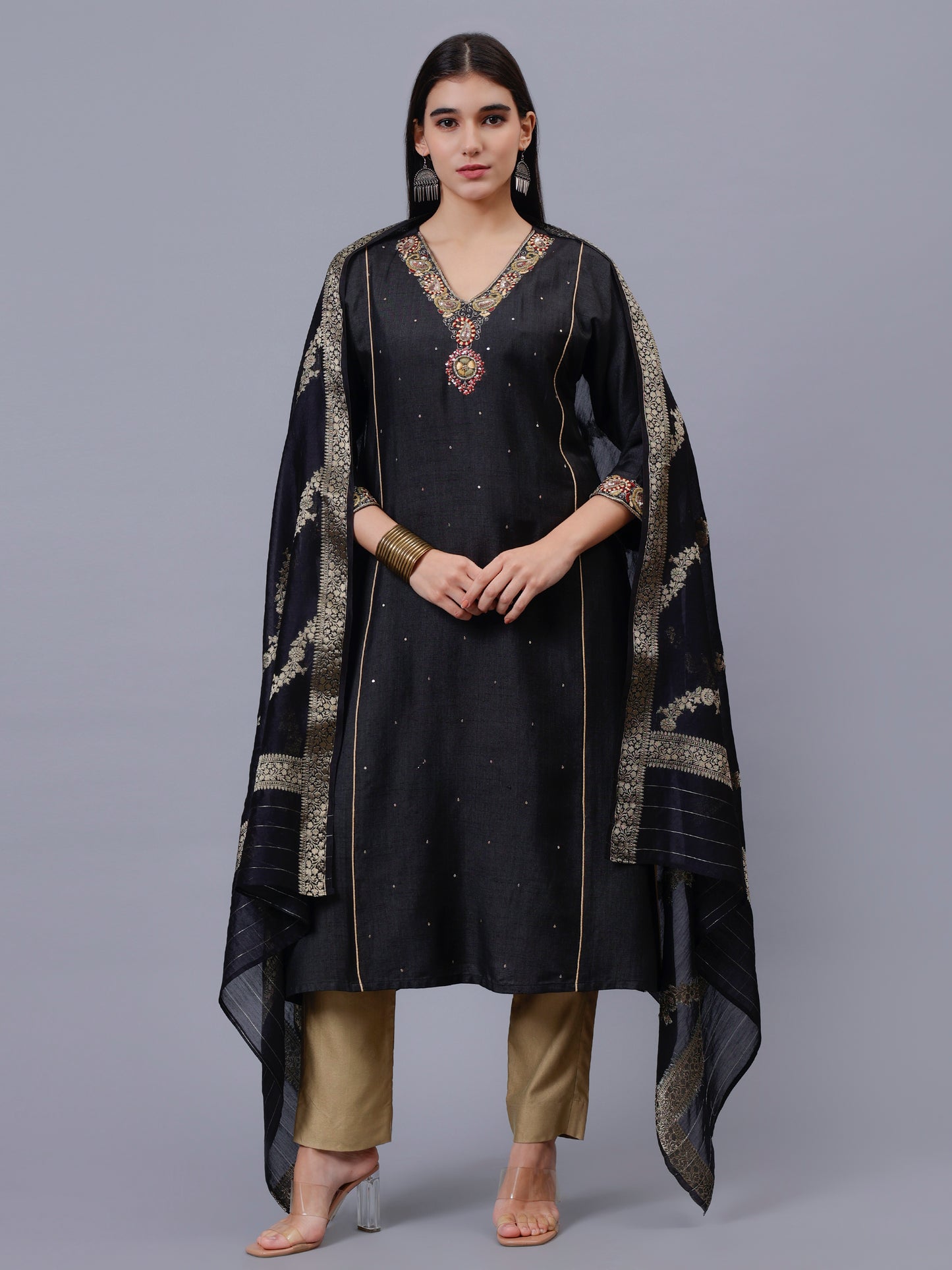 Black Cotton Tusser V-Neck Embroidered Kalidar Kurta With Dupatta