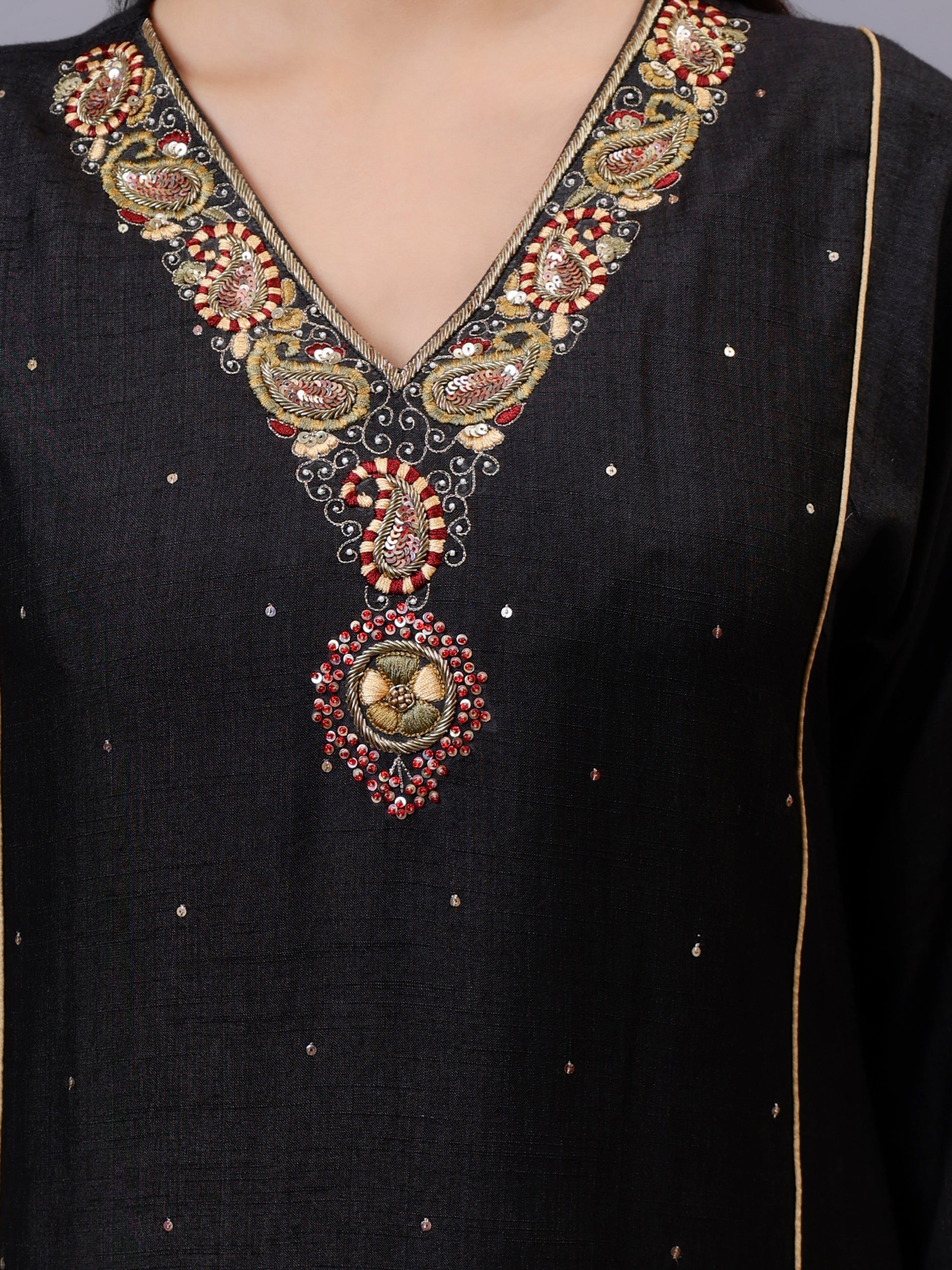 Black Cotton Tusser V-Neck Embroidered Kalidar Kurta