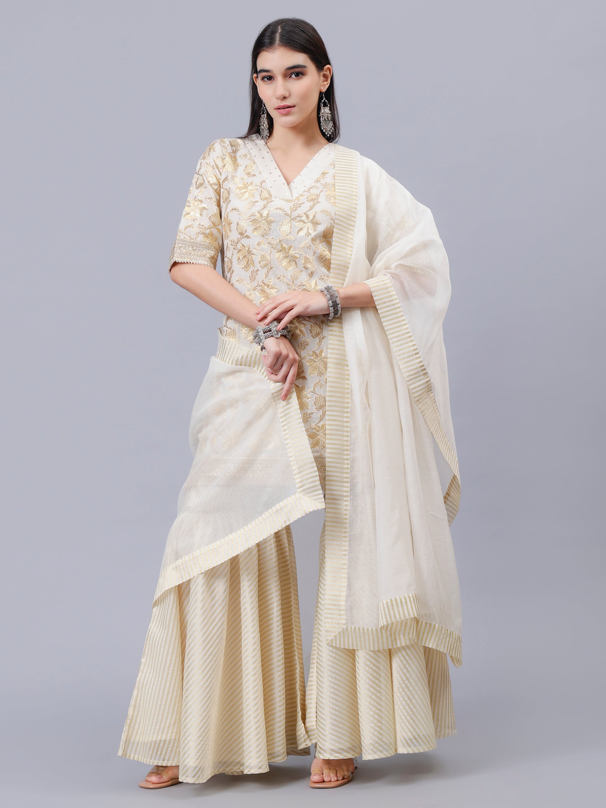 Cream Chanderi Coord Set With Golden Embroidery