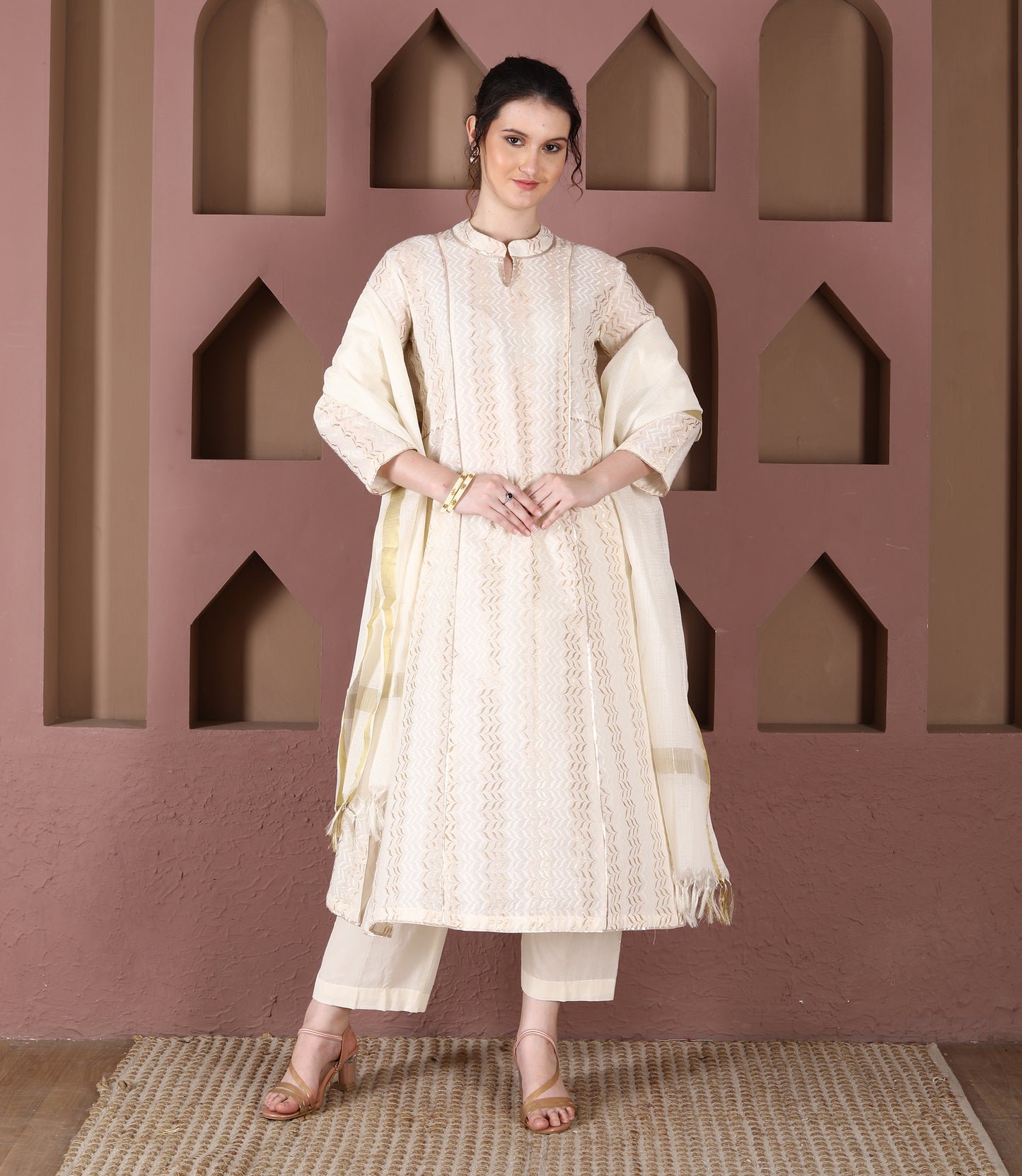 Ecru Cotton Dobby Kalidar Kurta
