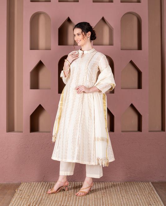 Ecru Cotton Dobby Kalidar Kurta