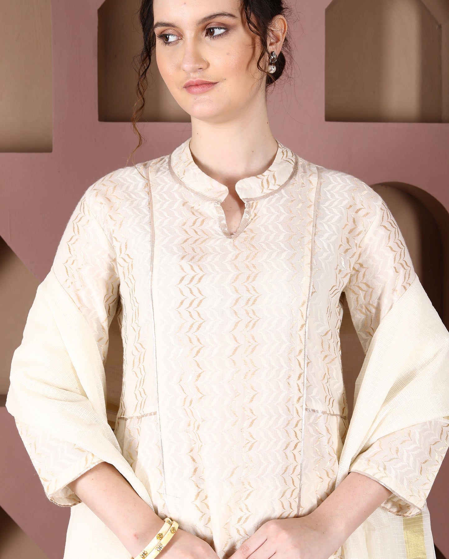 Ecru Cotton Dobby Kalidar Kurta