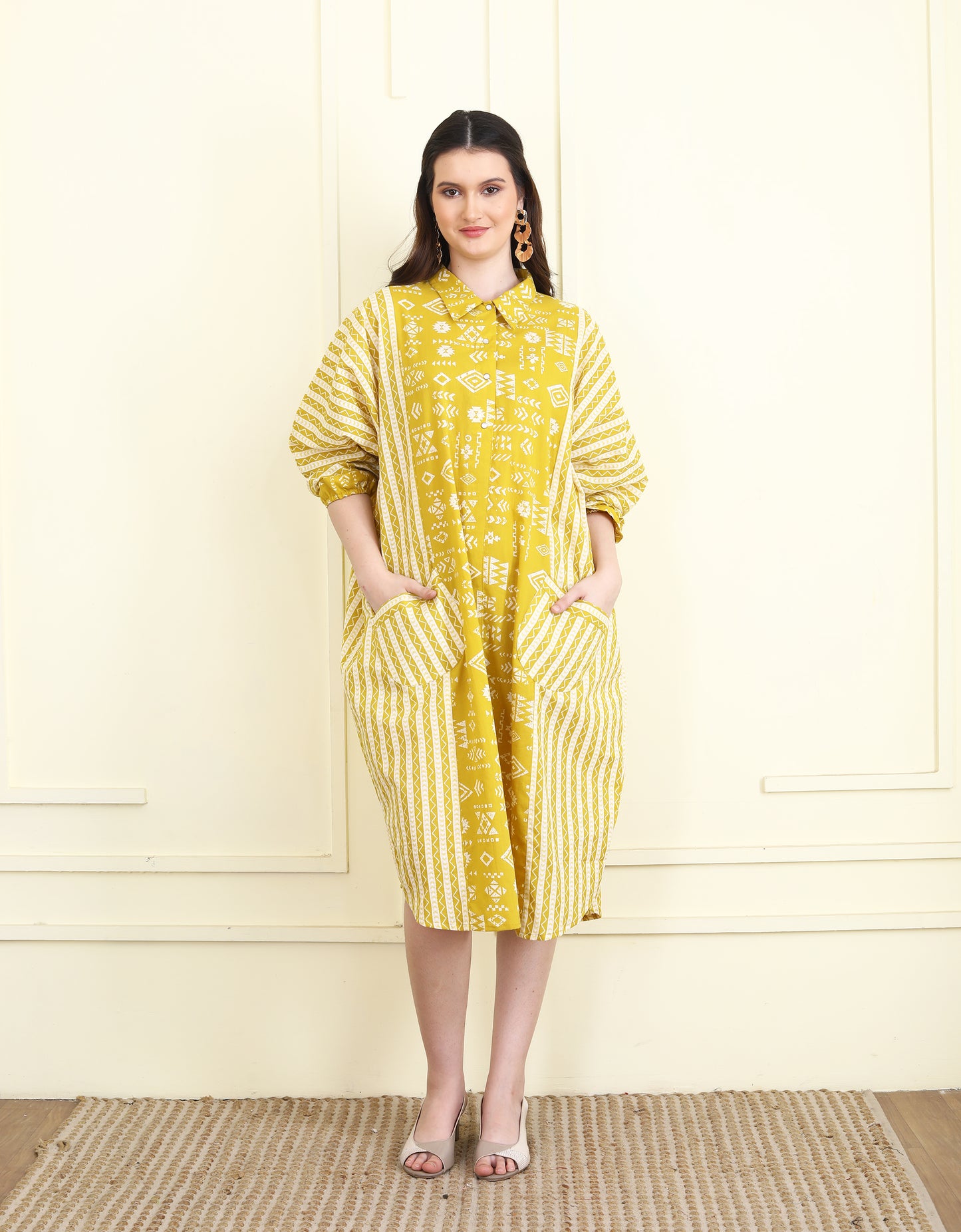 Ochre color print block Balloon Dress UCD25021
