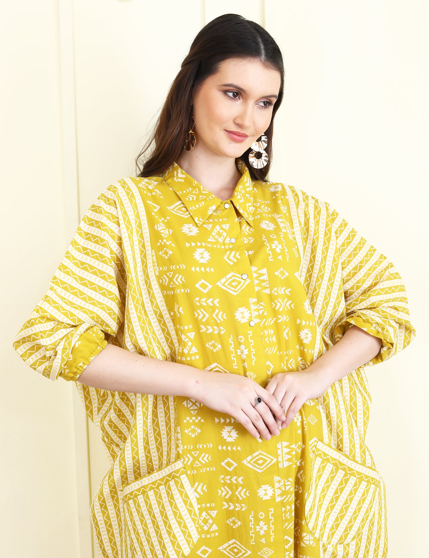 Ochre color print block Balloon Dress UCD25021