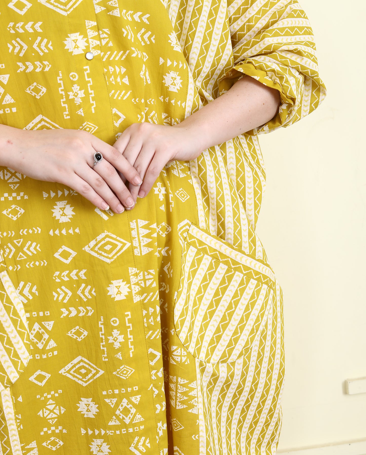 Ochre color print block Balloon Dress UCD25021