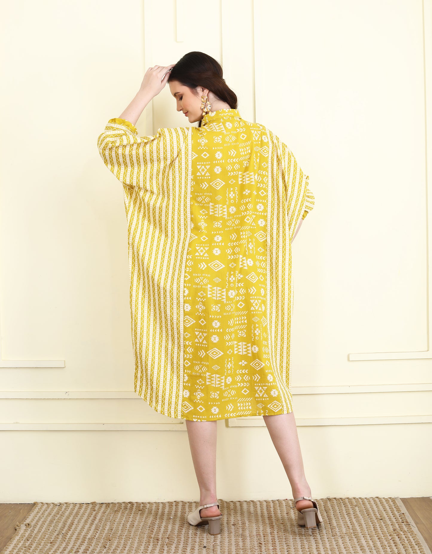 Ochre color print block Balloon Dress UCD25021