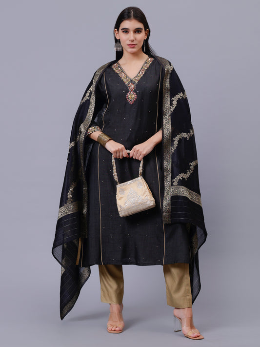 Black Tussar hand Emmroidered Kurta Set