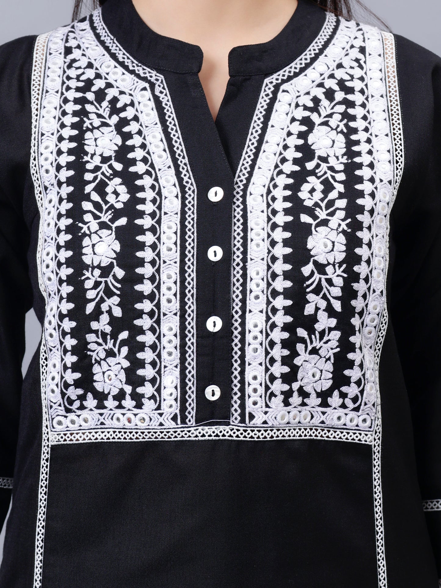 White On Black Embroidered Kalidar Kurta