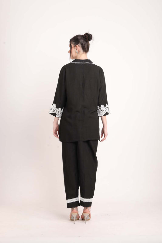 Black Linen Western Co-Ord Set With Lace UCEN22173