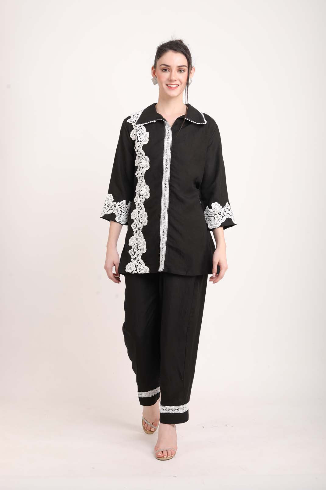 Black Linen Western Co-Ord Set With Lace UCEN22173