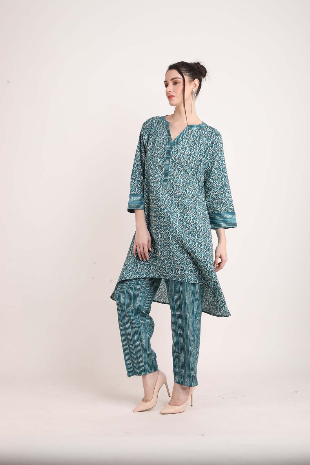 Teal Green Printed Up and Down Coord Set UCEN22167