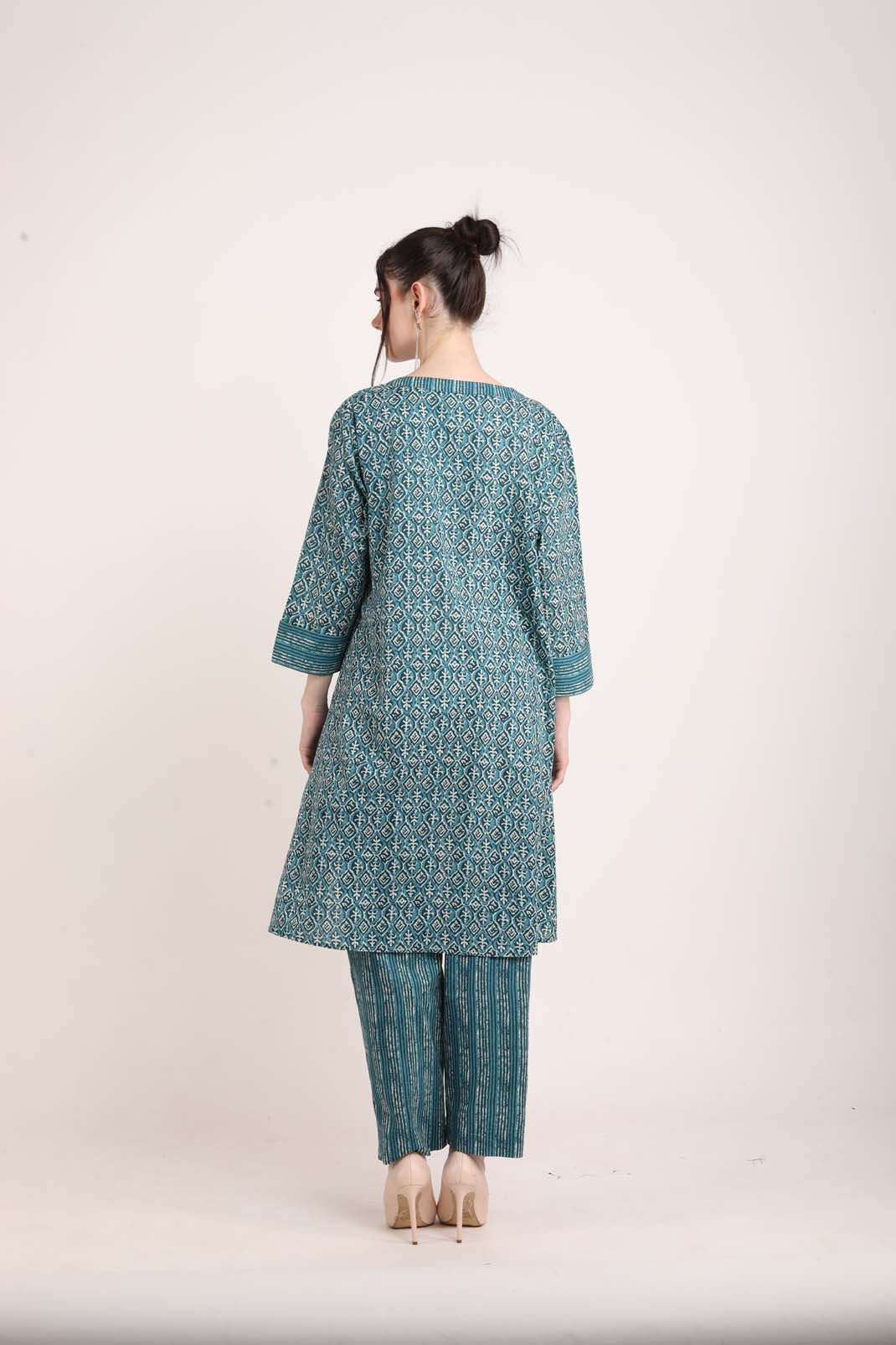 Teal Green Printed Up and Down Coord Set UCEN22167