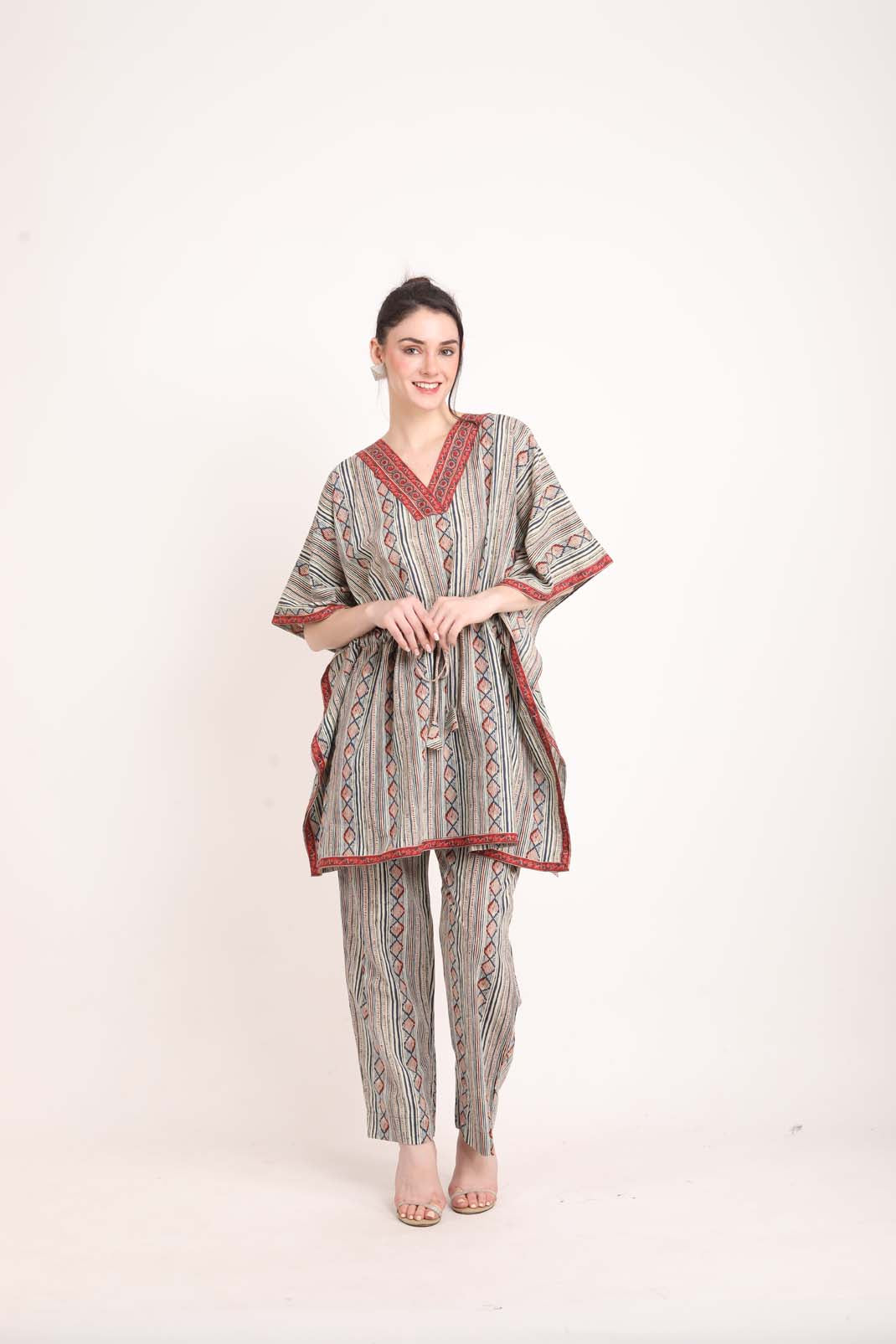 Grey Striped Line Kaftan Coord Set UCEN22174