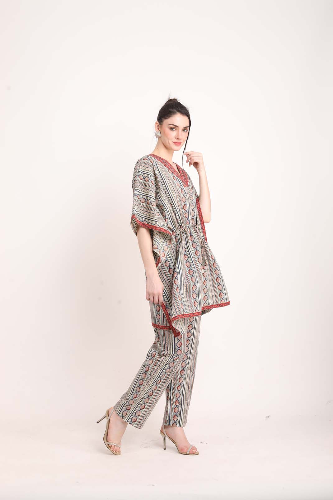 Grey Striped Line Kaftan Coord Set UCEN22174