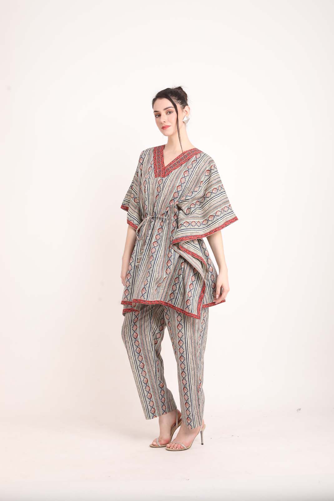 Grey Striped Line Kaftan Coord Set UCEN22174